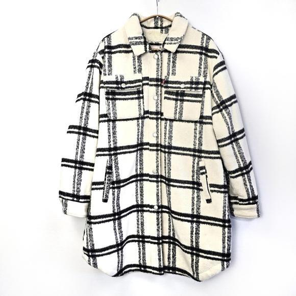 Levi's Women's Wool Blend Sherpa Plaid Lined Long Shacket Size Large - Picture 2 of 14